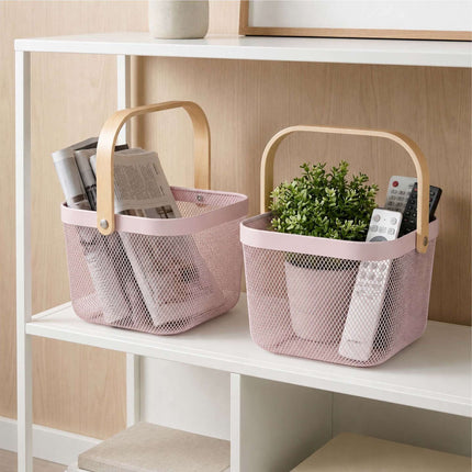 Wire Storage Baskets with Bamboo Handles, Set of 2, Pink