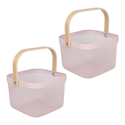 Wire Storage Baskets with Bamboo Handles, Set of 2, Pink