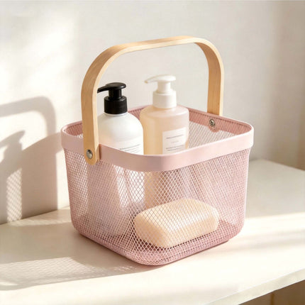 Wire Storage Baskets with Bamboo Handles, Set of 2, Pink