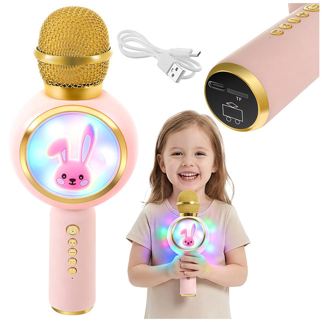 Microfon karaoke wireless Bluetooth pentru copii, roz