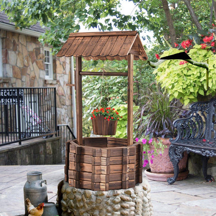 Wishing well for outdoors, wooden fountain, bucket, flower pot, flower pot with roof