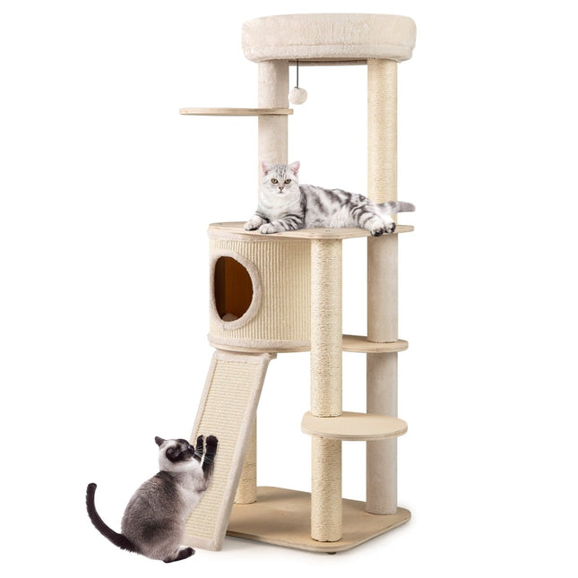 Ansamblul pentru pisici din lemn cu stâlpi din sisal, tip apartament, scară – 143 cm