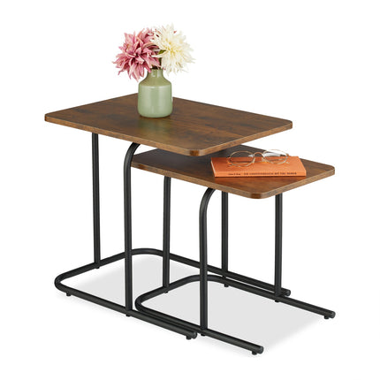 Mese de cuib cu efect de lemn, set de 2, picioare din metal negru