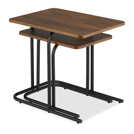 Mese de cuib cu efect de lemn, set de 2, picioare din metal negru