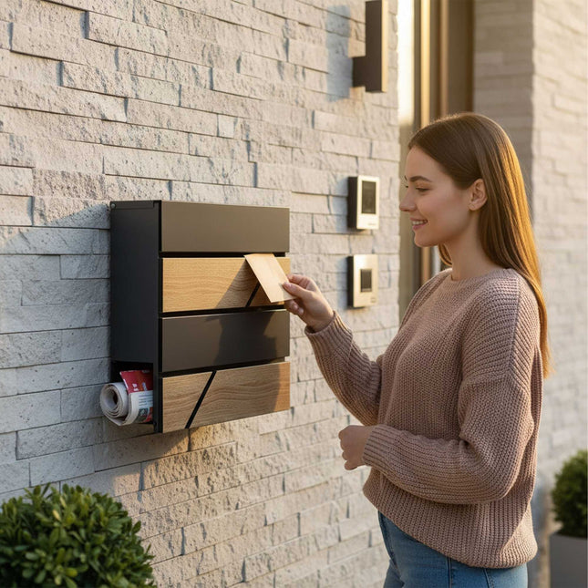 Cutie poștală de exterior cu aspect de lemn și suport pentru ziare
