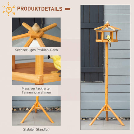 Wooden Bird Feeder Table with Stand and Sloped Metal Roof, Ø57.7x153 cm