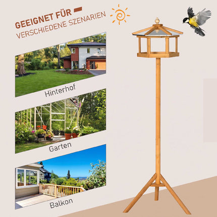 Wooden Bird Feeder Table with Stand and Sloped Metal Roof, Ø57.7x153 cm