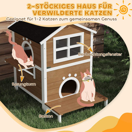 Wooden cat house, weatherproof balcony, indoor/outdoor 2-level