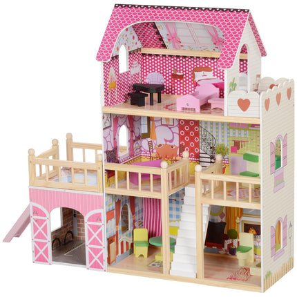 Wooden dollhouse with furniture, garage, slides and balcony