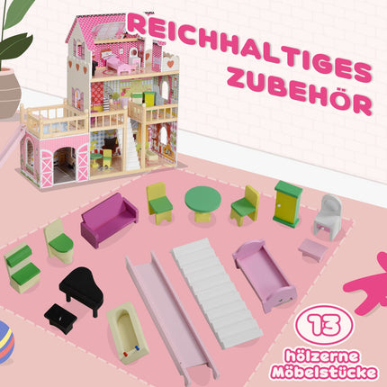 Wooden dollhouse with furniture, garage, slides and balcony