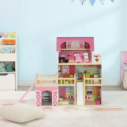 Wooden dollhouse with furniture, garage, slides and balcony