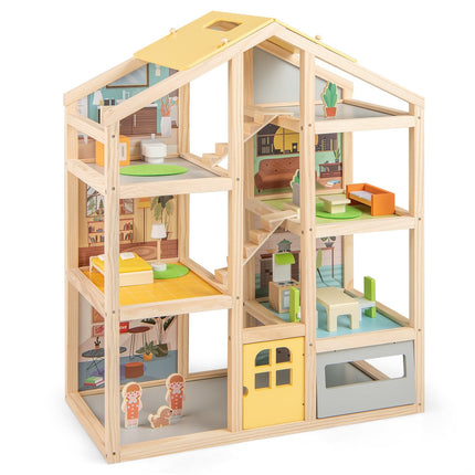 Casă de păpuși din lemn cu mobilier și figurine, design cu mai multe camere