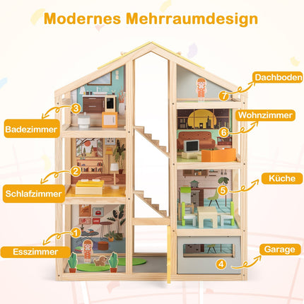 Casă de păpuși din lemn cu mobilier și figurine, design cu mai multe camere