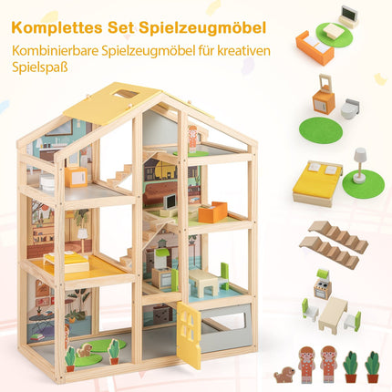 Casă de păpuși din lemn cu mobilier și figurine, design cu mai multe camere