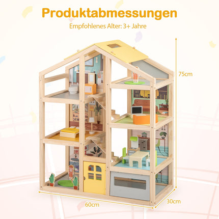 Casă de păpuși din lemn cu mobilier și figurine, design cu mai multe camere