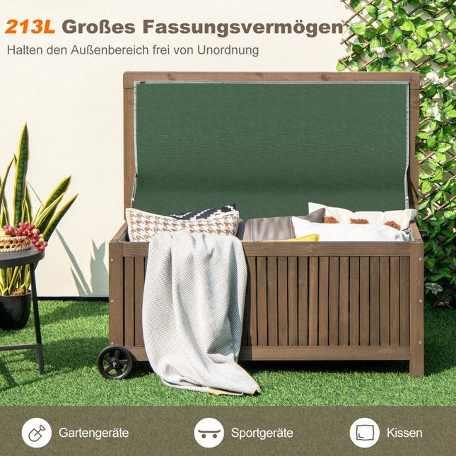 Cutie de grădină din lemn 213 L Cutie de depozitare cu roți Cutie de perne cu căptușeală PE impermeabilă 114 x 58,5 x 51 cm Maro