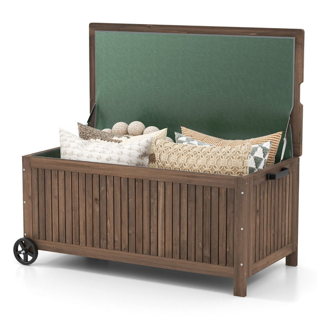 Cutie de grădină din lemn 213 L Cutie de depozitare cu roți Cutie de perne cu căptușeală PE impermeabilă 114 x 58,5 x 51 cm Maro