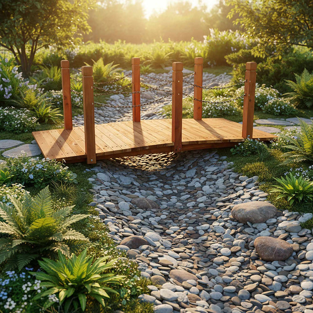 Wooden Garden Bridge – Arched, Chain Railing, Weatherproof