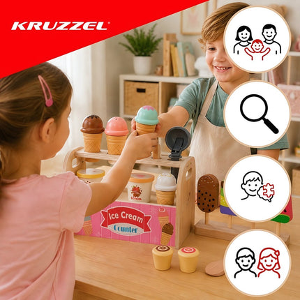 Wooden Ice Cream Shop Play Set 33 Pieces with Play Money, Scoop, Multicolour