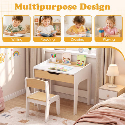 Wooden Kids Desk and Chair Set with Pull-Out Drawer, Natural/White