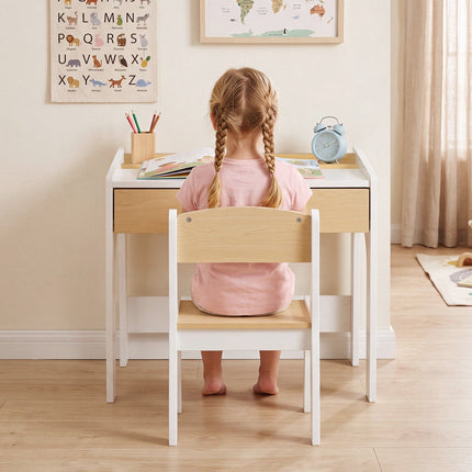Wooden Kids Desk and Chair Set with Pull-Out Drawer, Natural/White