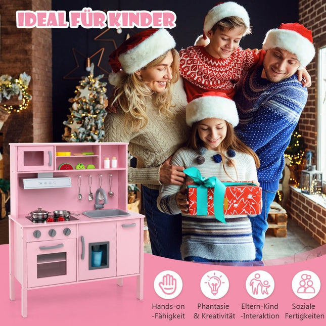 Set bucătărie de joacă pentru copii din lemn cu cuptor cu microunde, roz, 72x30x90 cm
