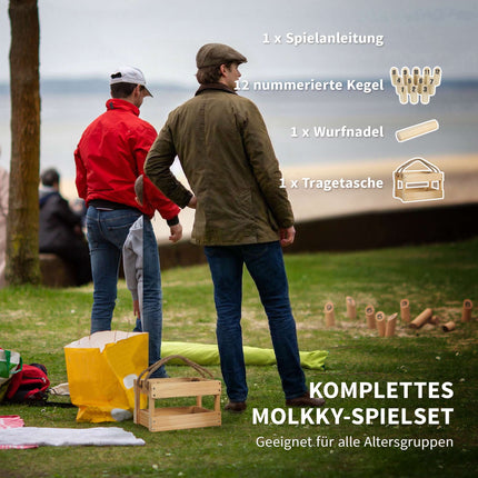 Set de joc Mölkky din lemn – 12 popice, 1 băț de aruncat, cutie