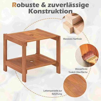 Masă laterală din lemn pentru exterior cu orificiu pentru umbrelă și rafturi