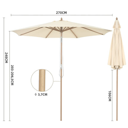 Umbrelă de terasă din lemn, 270 cm, înclinare reglabilă, bej