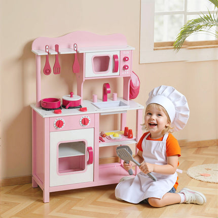 Set de bucătărie din lemn cu accesorii – roz, compact