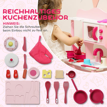Set de bucătărie din lemn cu accesorii – roz, compact