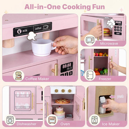 Wooden Play Kitchen for Kids with Lights and Sounds, Ice Dispenser, Pink