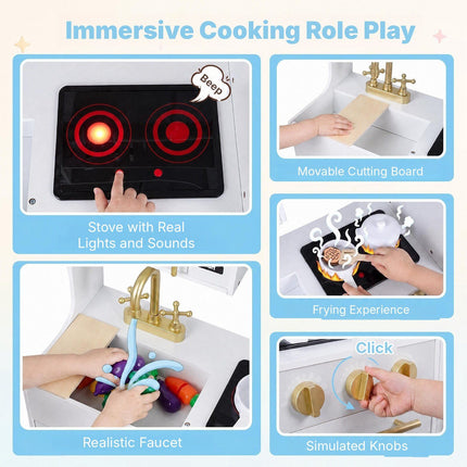 Wooden Play Kitchen for Kids with Lights and Sounds, Ice Dispenser, White