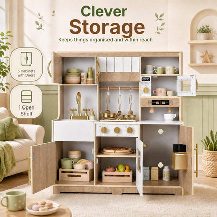 Wooden Play Kitchen with Ice Maker and Coffee Maker, Natural-White, Ages 3+