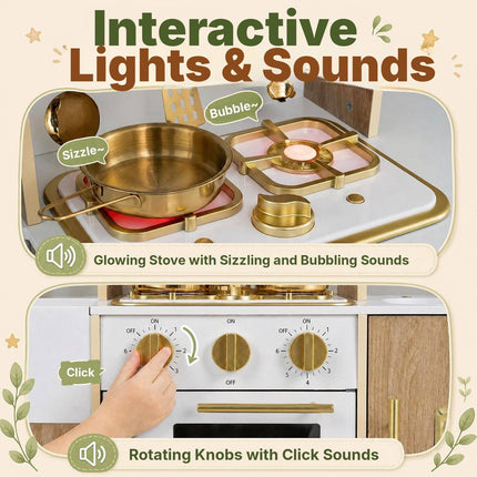 Wooden Play Kitchen with Ice Maker and Coffee Maker, Natural-White, Ages 3+