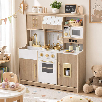Wooden Play Kitchen with Ice Maker and Coffee Maker, Natural-White, Ages 3+