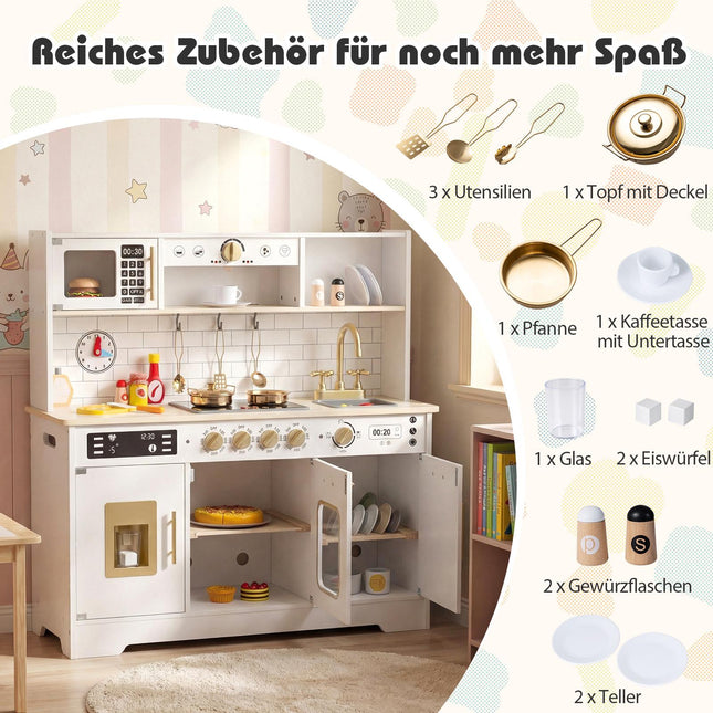 Bucătărie de jucărie din lemn cu lumini și sunet, include 14 accesorii