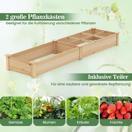 Strat de grădină înălțat din lemn cu 2 ghivece, 228x62x25 cm