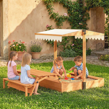 Nisip din lemn cu acoperiș reglabil și masă de picnic