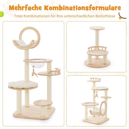Stâlp pentru zgâriere din lemn 4 forme DIY Arborele de pisică cu platforme și capsulă spațială și stâlpi din sisal 60 x 60 x 146 cm Lemn de stejar Bej