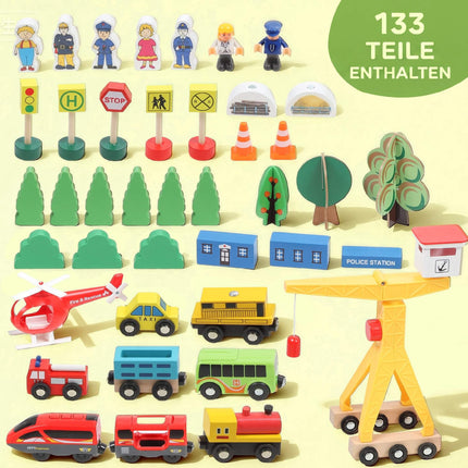 Set de trenuleț din lemn cu locomotivă electrică, 133 de piese
