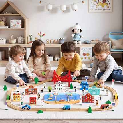 Wooden Train Track Set, 113-Piece, Storage Box