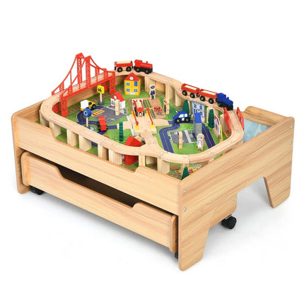 Tren de tren pentru copii din lemn set tren din lemn masa de activitate cu sertar 78 x 63 x 33 cm natural