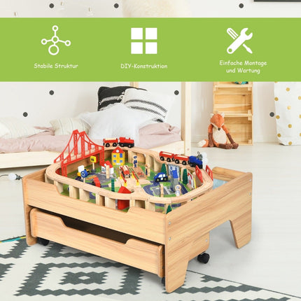 Tren de tren pentru copii din lemn set tren din lemn masa de activitate cu sertar 78 x 63 x 33 cm natural