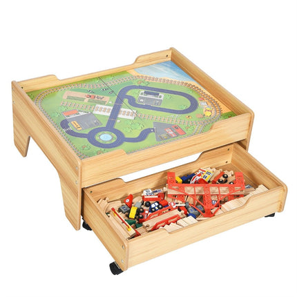 Tren de tren pentru copii din lemn set tren din lemn masa de activitate cu sertar 78 x 63 x 33 cm natural
