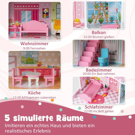 Casă de păpuși din lemn cu 3 etaje, 10 mobilier și 5 camere, casă de vis roz