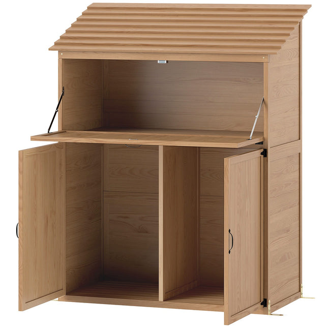 Dulap de gradina din lemn, magazie pentru scule cu acoperis in trepte, raft rabatabil, masa, usi duble, 110 x 54 x 136 cm, dulap pentru scule rezistent la intemperii, magazie pentru scule, magazie de gradina pentru gradina, terasa, lemn natural