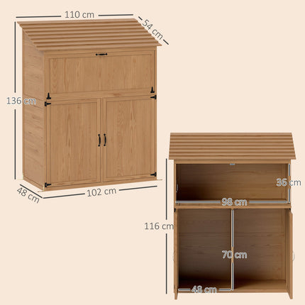 Dulap de gradina din lemn, magazie pentru scule cu acoperis in trepte, raft rabatabil, masa, usi duble, 110 x 54 x 136 cm, dulap pentru scule rezistent la intemperii, magazie pentru scule, magazie de gradina pentru gradina, terasa, lemn natural