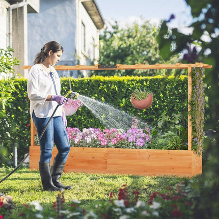 Pat înălțat din lemn cu spalier și acoperiș suspendat și jardinieră cu spalier 200 x 44 x 114 cm