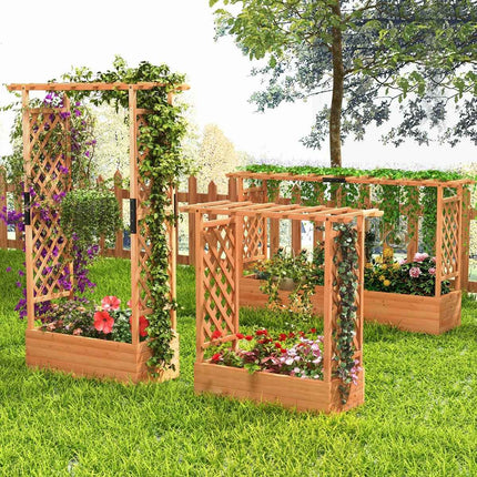Pat înălțat din lemn cu spalier și acoperiș suspendat și jardinieră cu spalier 200 x 44 x 114 cm